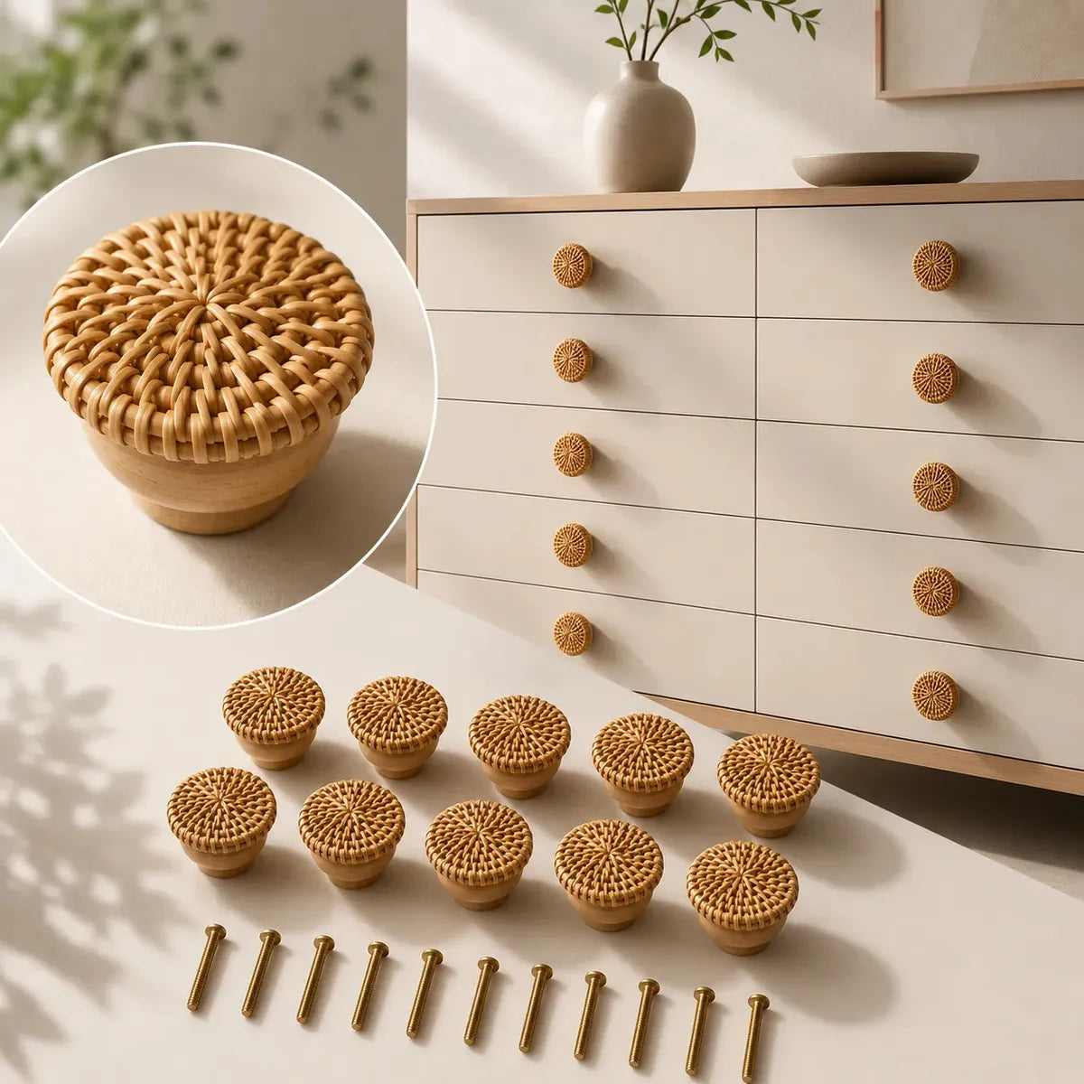 Imagem 9 de 9 de 10 Puxadores para Armário Móveis Rattan Madeira Boho Minimalista