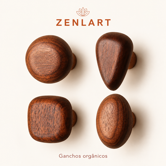 Ganchos orgânicos de madeira escura Zenlart nos formatos redondo, gota, quadrado e oval