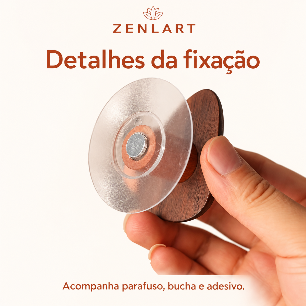 Detalhe da fixação do gancho Zenlart com adesivo, acompanha parafuso e bucha