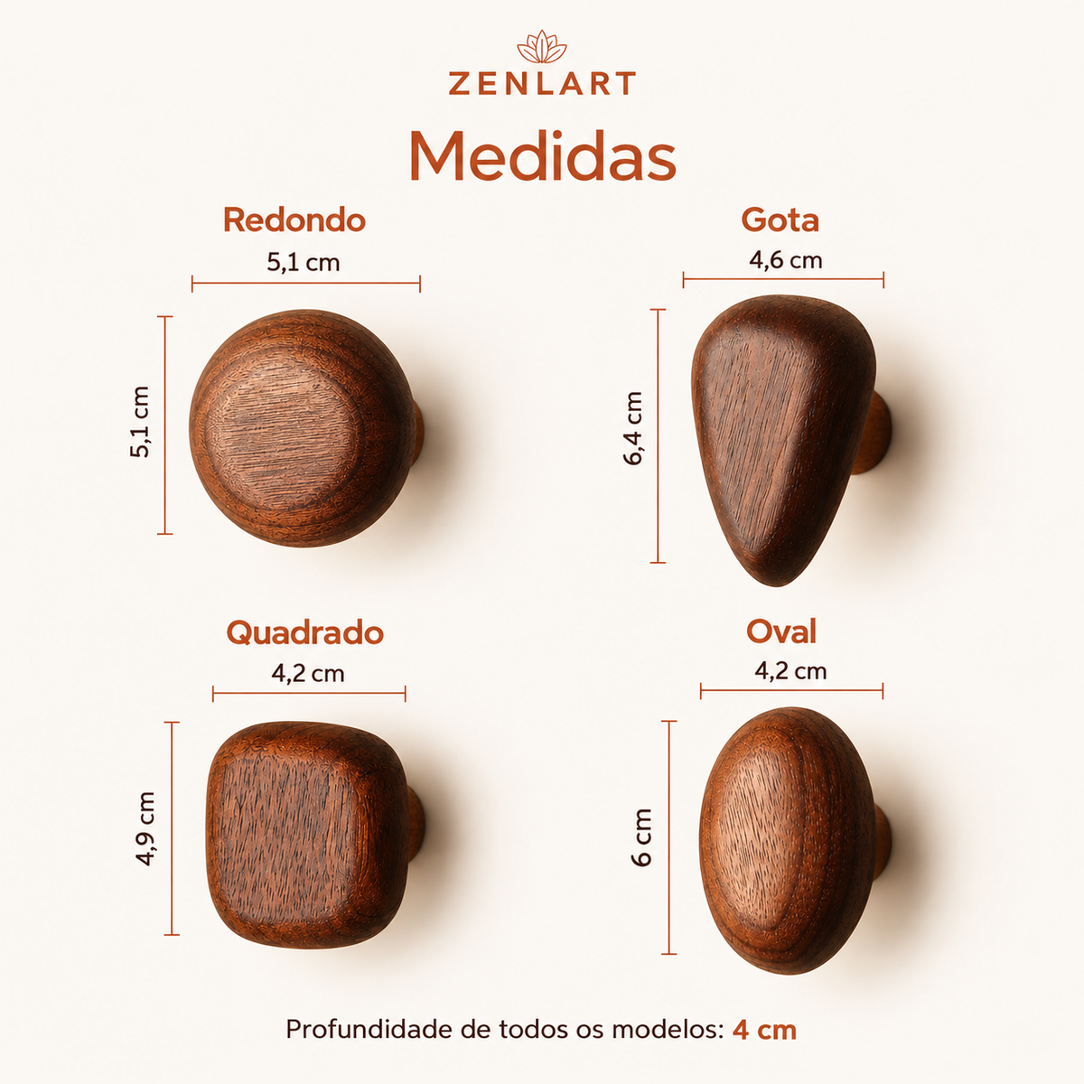 Medidas dos quatro formatos de ganchos orgânicos Zenlart, todos com profundidade de 4 cm