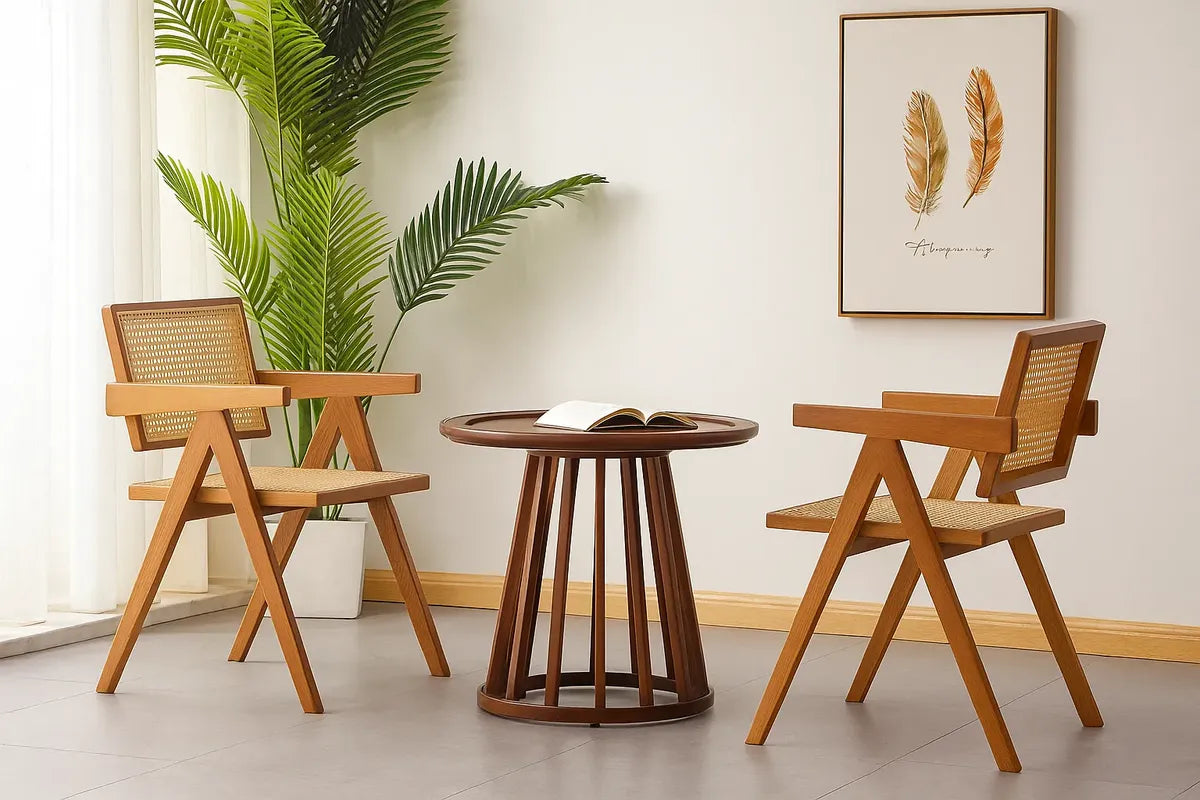 Detalhes da cadeira de madeira maciça e palhinha rattan Zenlart