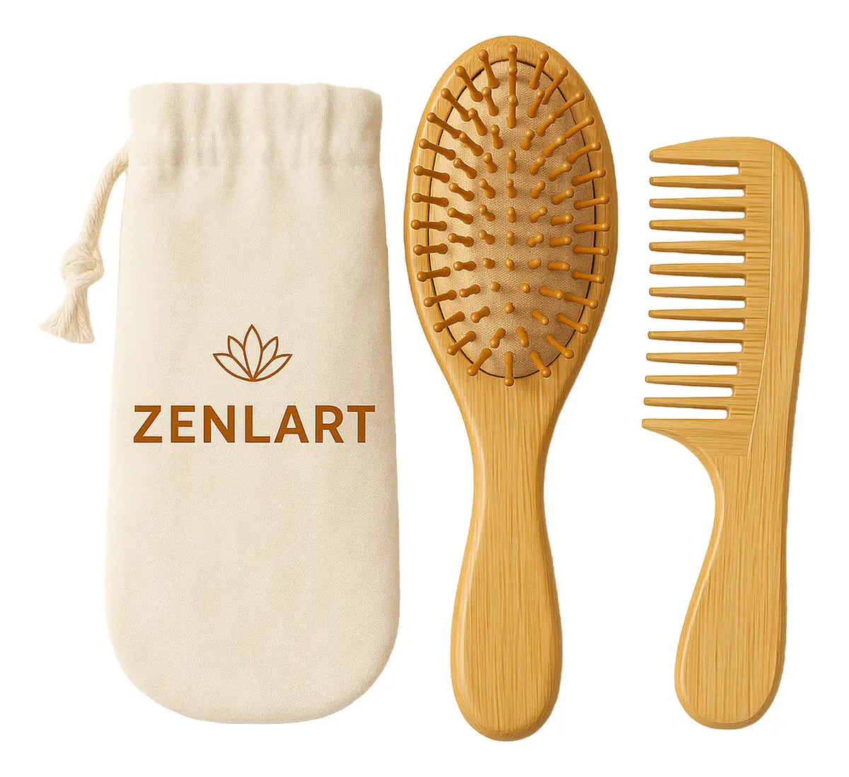 Kit Pente e Escova de Madeira com Bag Zenlart