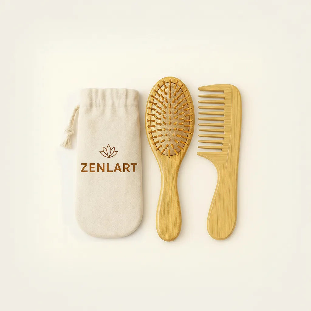 Kit Pente e Escova de Madeira com Bag Zenlart