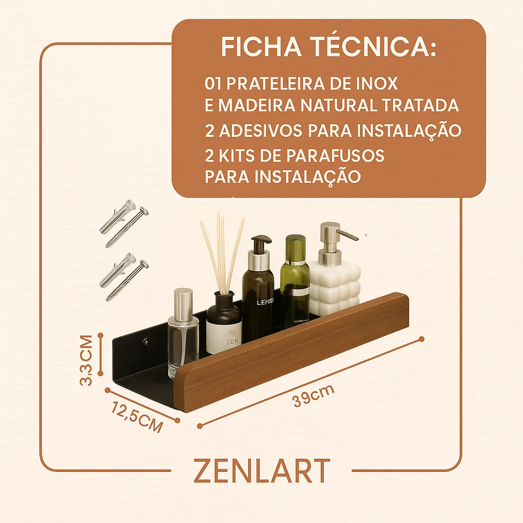 Cor: Preta | Prateleira Nicho de Madeira e Inox Zenlart