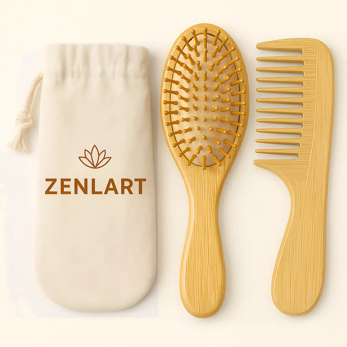 Kit Pente e Escova de Madeira com Bag Zenlart