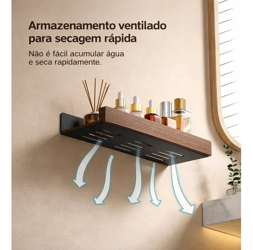 Cor: Preta | Prateleira Nicho de Madeira e Inox Zenlart