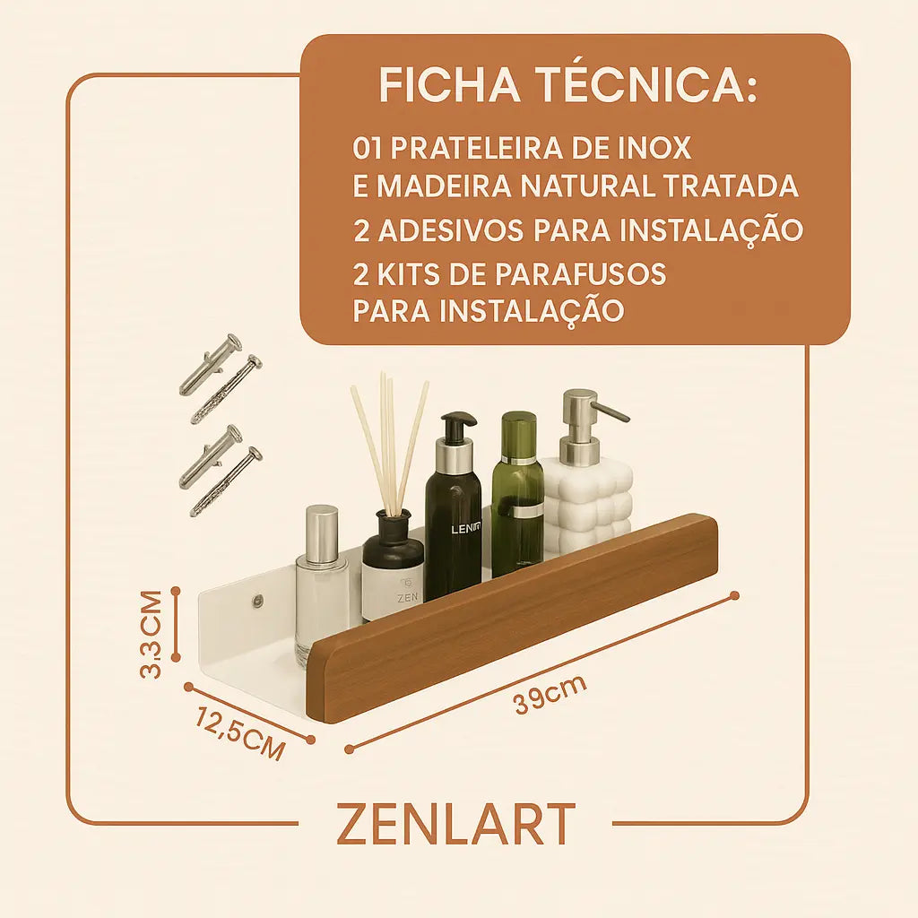 Cor: Preta | Prateleira Nicho de Madeira e Inox Zenlart