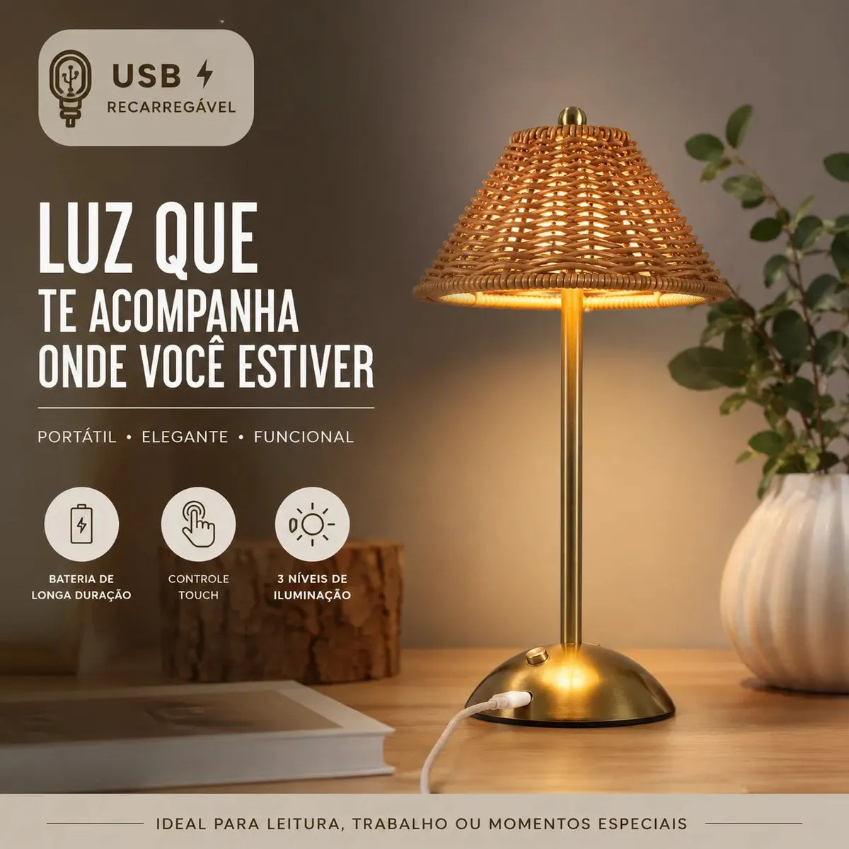 Imagem 2 de 10 de Abajur Luminária De Mesa Rattan Minimalista Zenlart