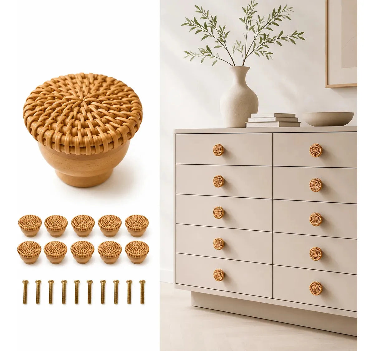 Imagem 1 de 9 de 10 Puxadores para Armário Móveis Rattan Madeira Boho Minimalista