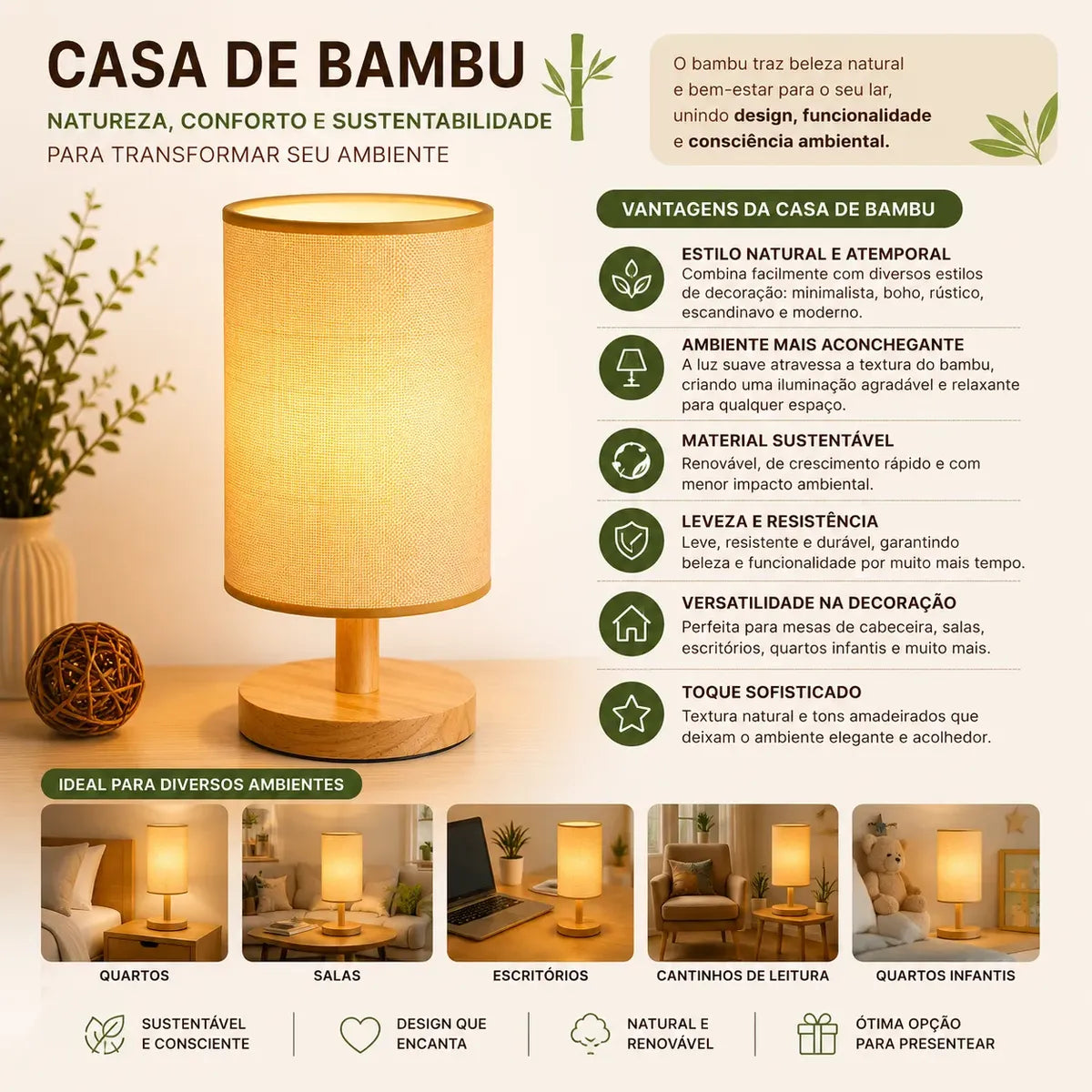 Imagem 4 de 4 de Luminária De Mesa Bambu Minimalista Abajur Sem Fio Zenlart
