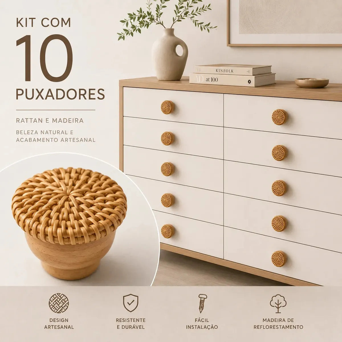 Imagem 5 de 9 de 10 Puxadores para Armário Móveis Rattan Madeira Boho Minimalista