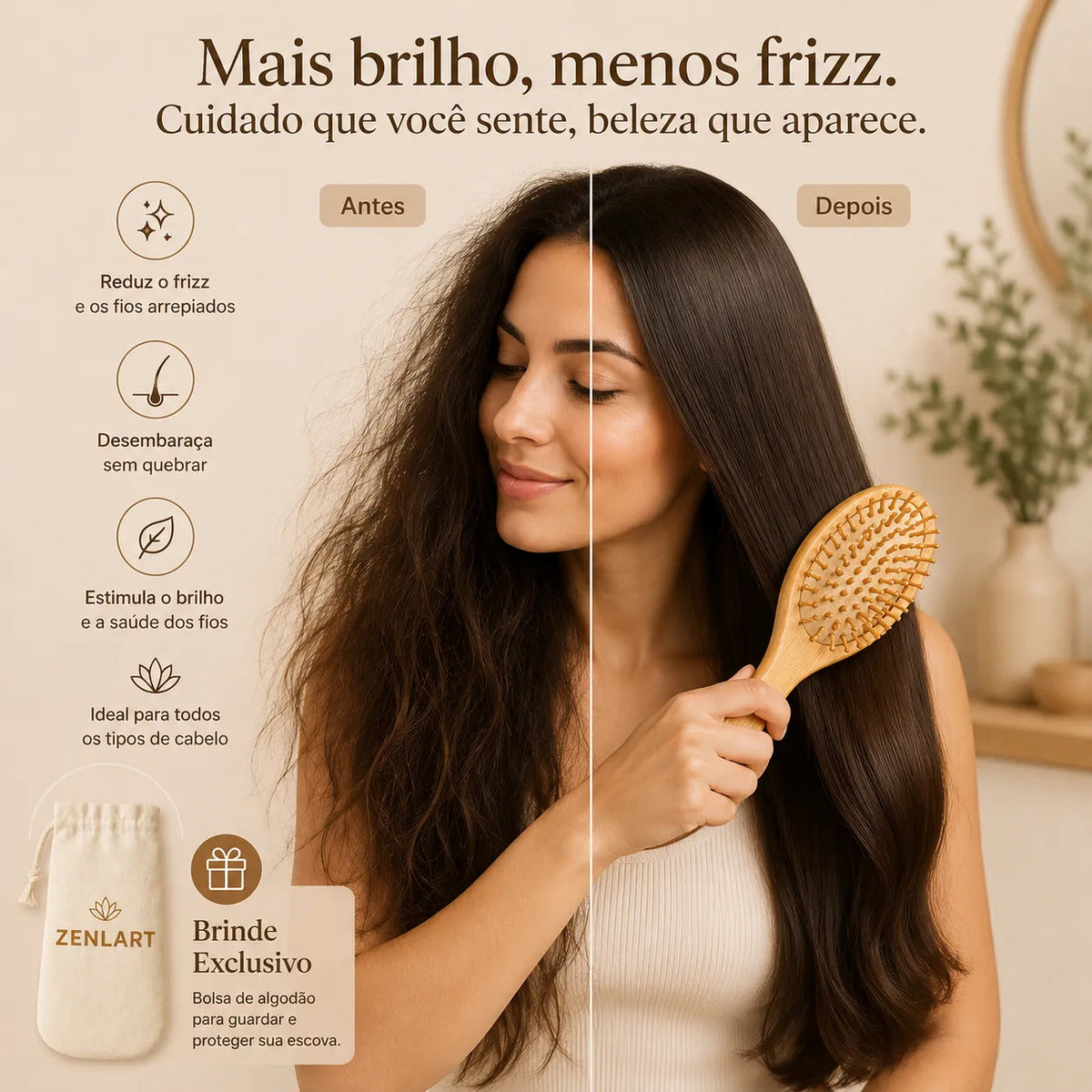 Kit Escova e Pentes de Madeira com Bag Zenlart
