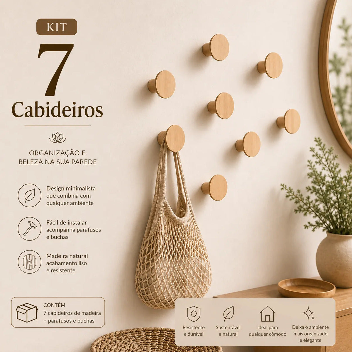 Kit com 7 Ganchos de Parede em Madeira Maciça Zenlart