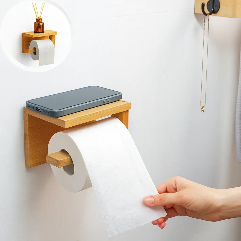 Imagem 2 de 6 de Porta Papel Higiênico De Bambu Adesivo 3m - Zenlart Bambu