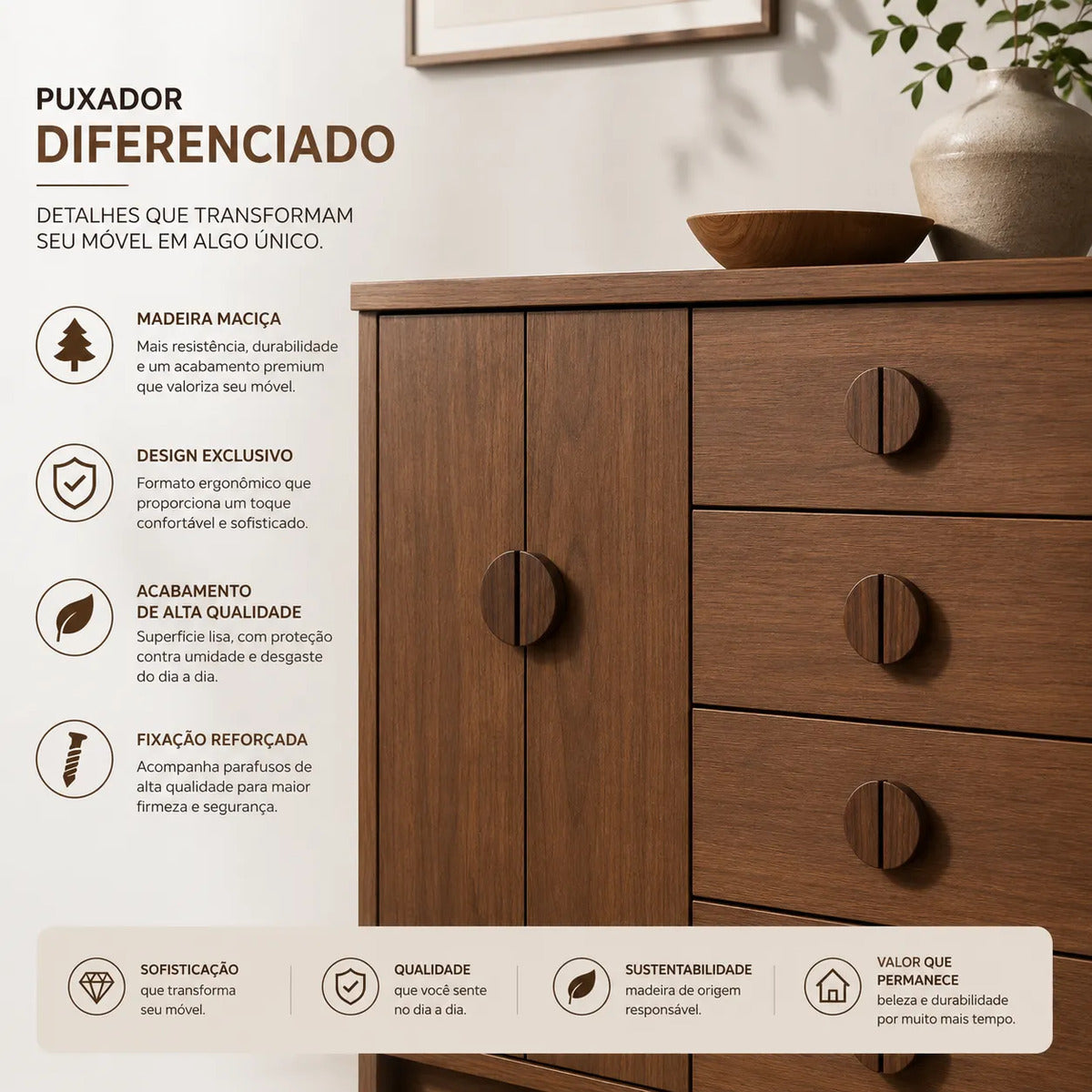 Kit com 2 Puxadores Meia Lua de Madeira Nogueira Zenlart