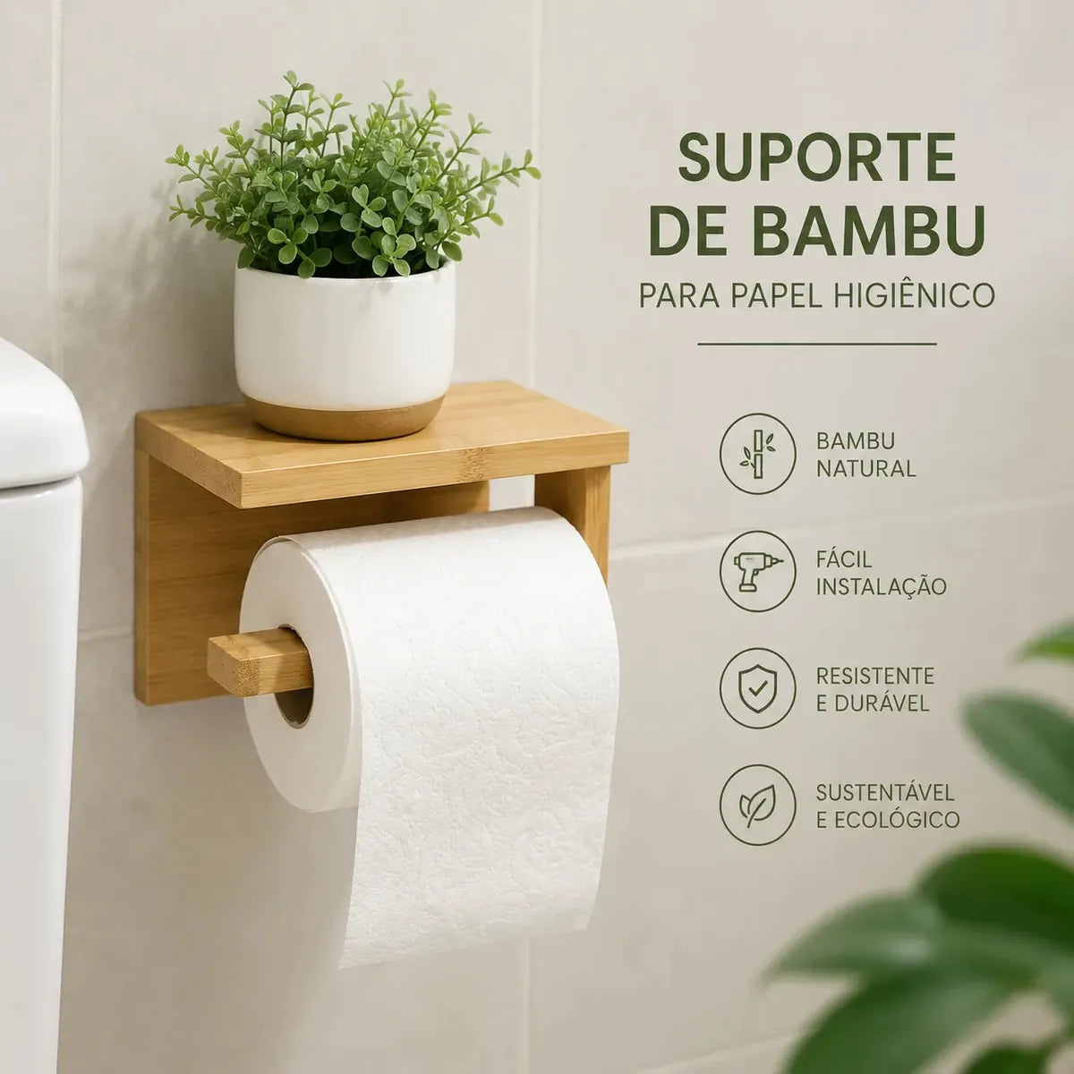 Imagem 3 de 6 de Porta Papel Higiênico De Bambu Adesivo 3m - Zenlart Bambu