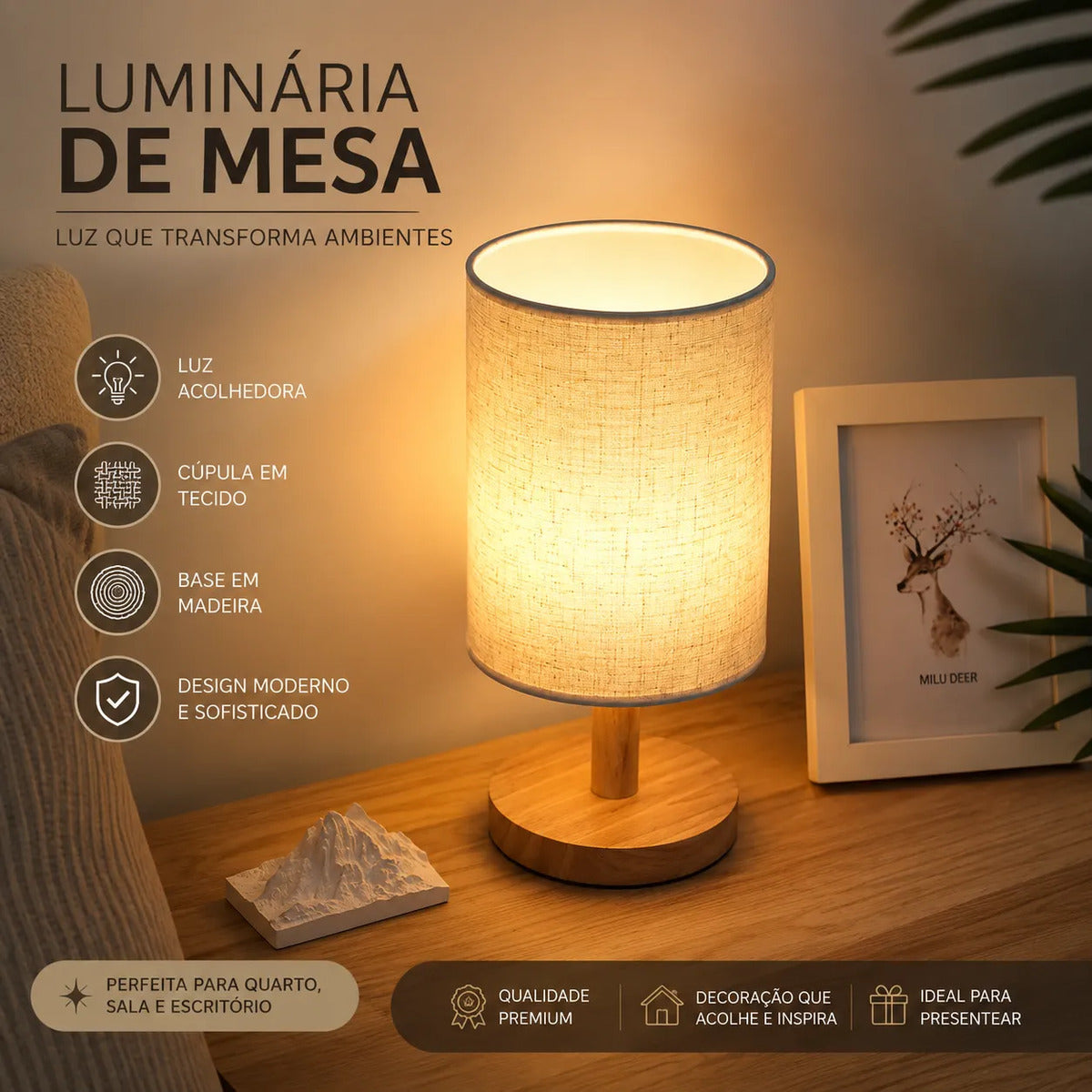 Luminária de Mesa Rústica de Madeira Zenlart