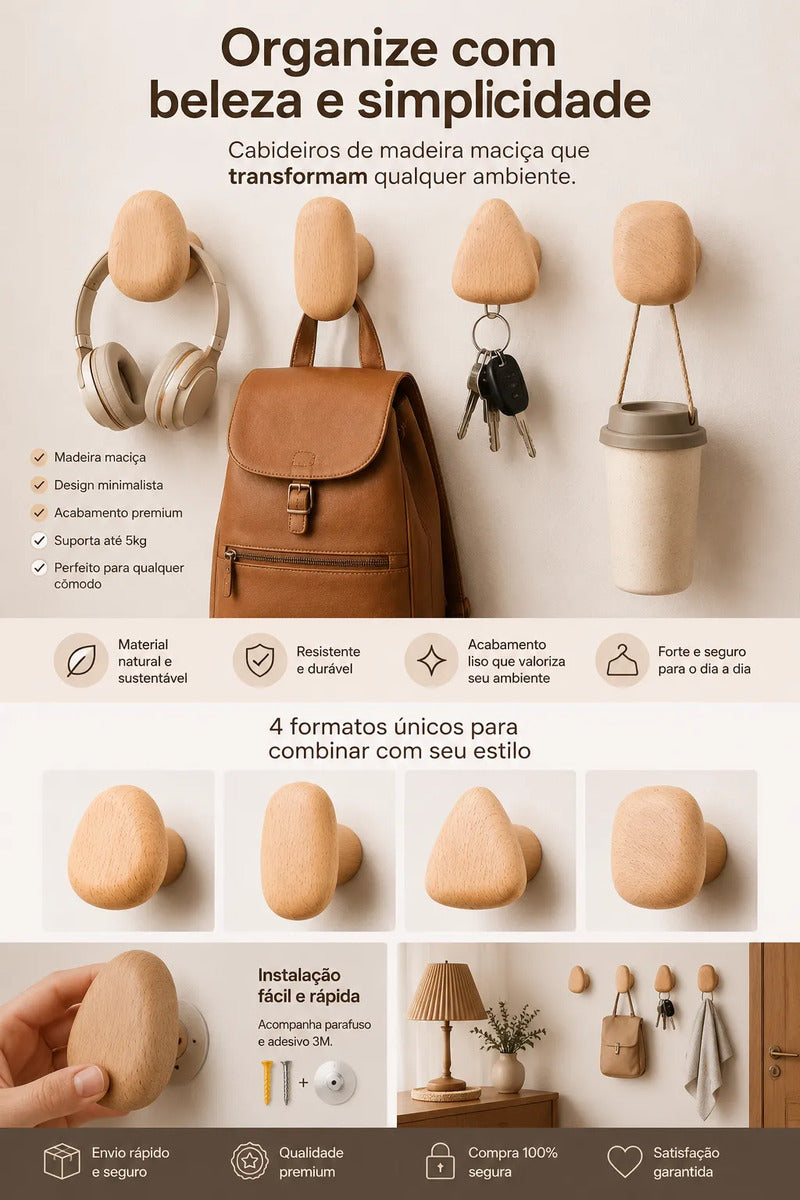 Kit com 4 Ganchos Orgânicos de Madeira Zenlart