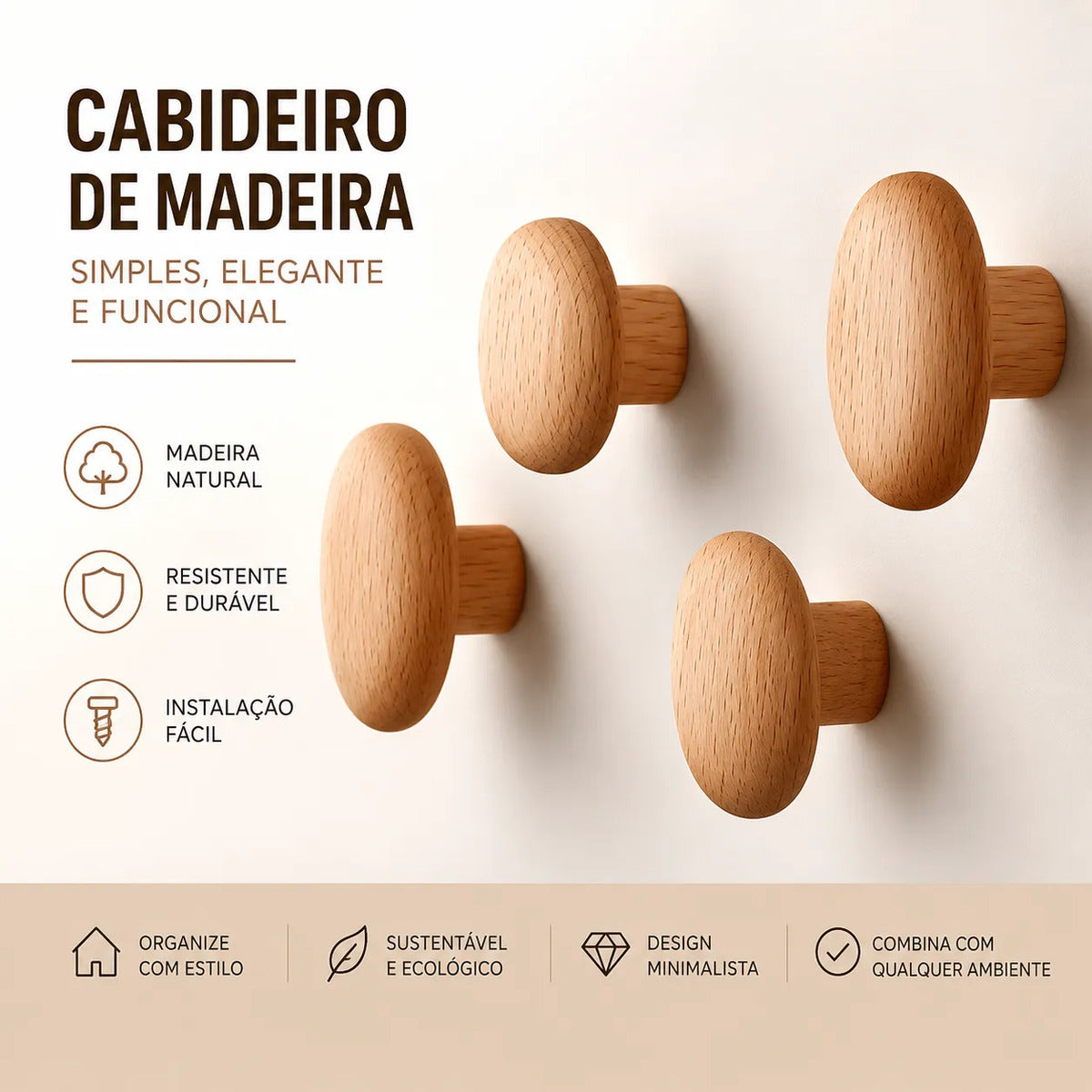 Kit com 4 Ganchos Orgânicos de Madeira Zenlart