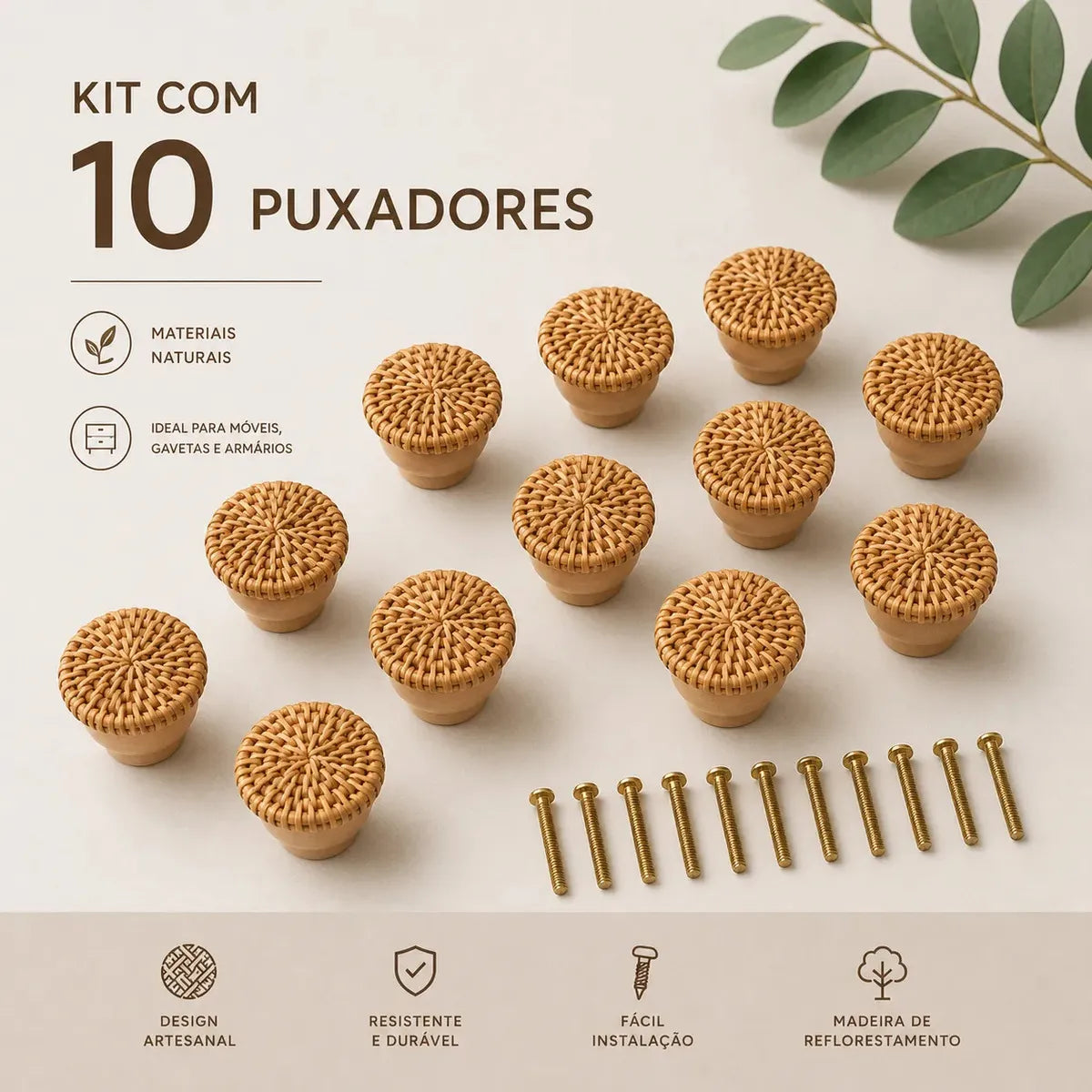 Imagem 2 de 9 de 10 Puxadores para Armário Móveis Rattan Madeira Boho Minimalista