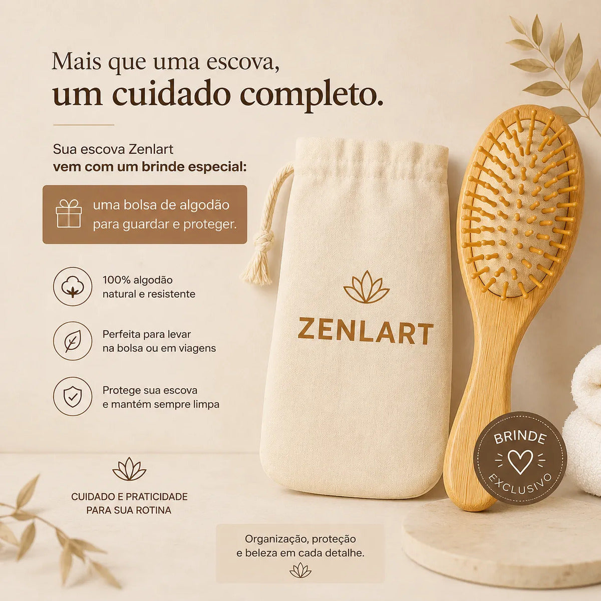 Kit Escova e Pentes de Madeira com Bag Zenlart