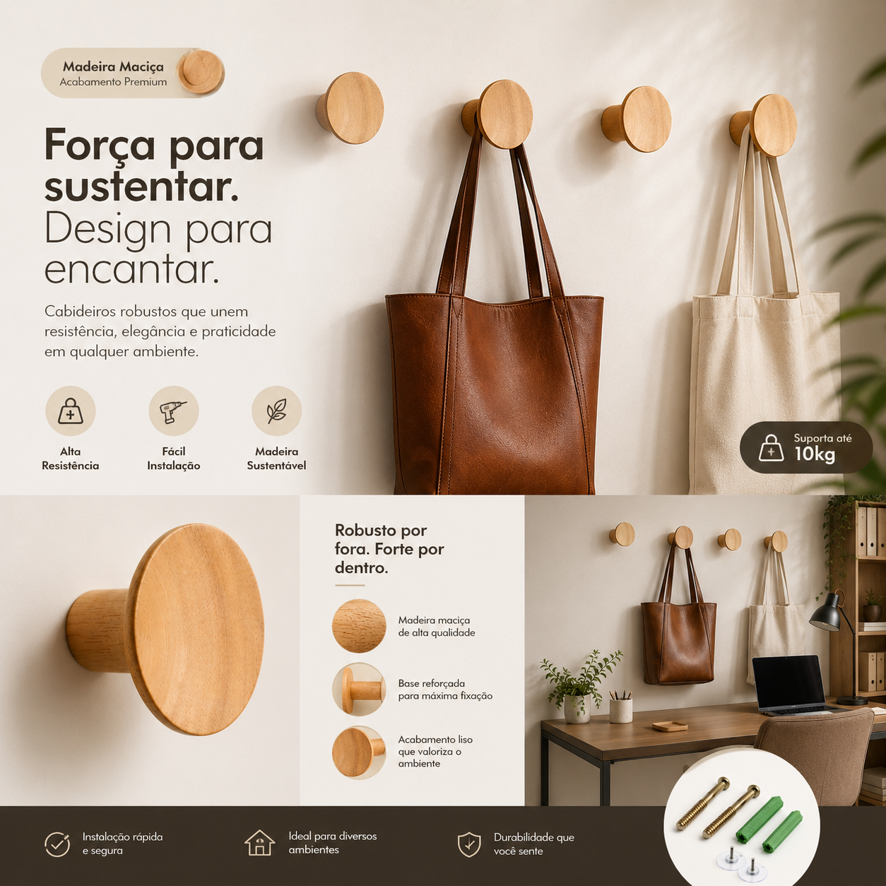 Cabideiros robustos de madeira maciça para bolsas e acessórios