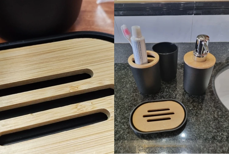 Kit Acessórios para Banheiro Minimalista. Detalhe em Bambu