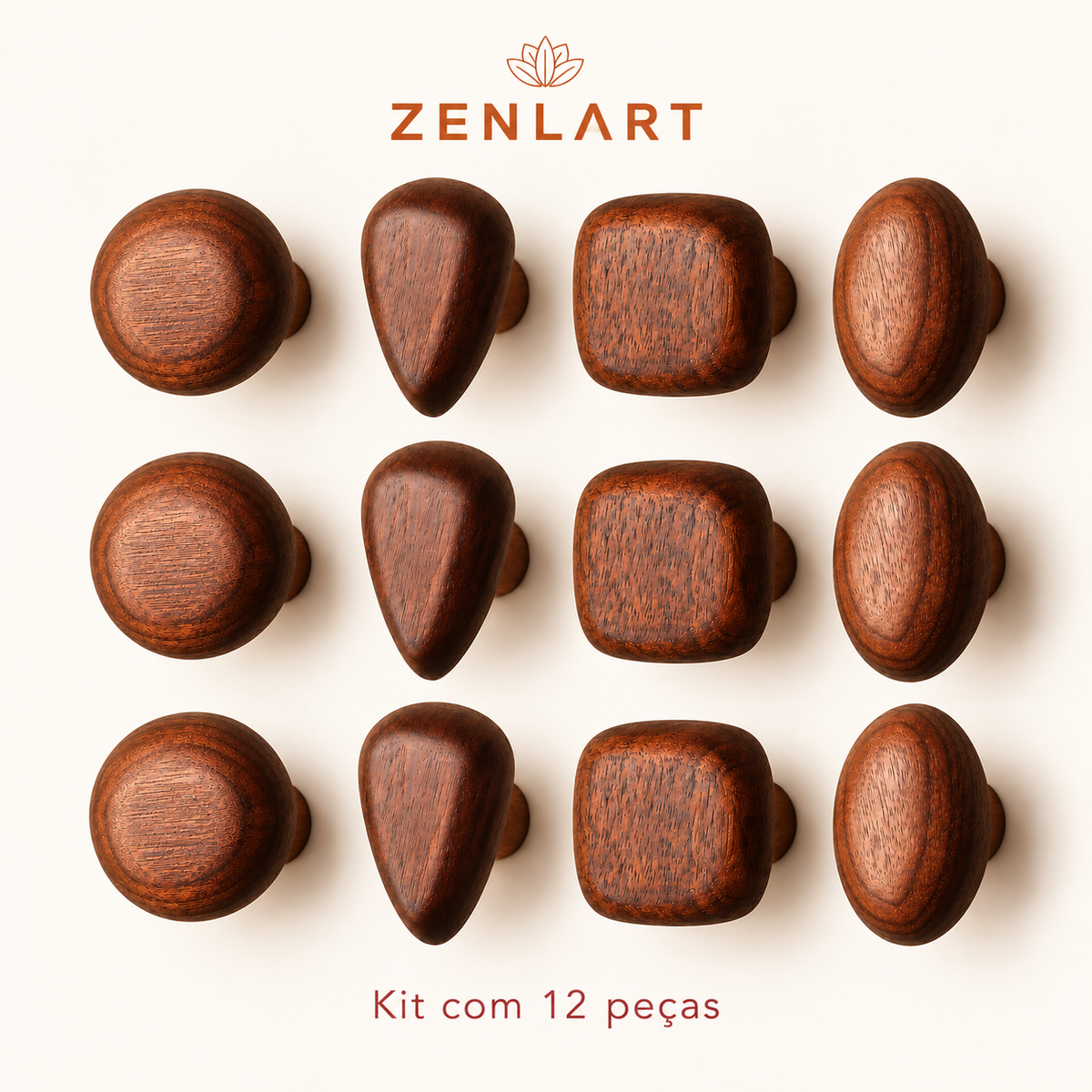 Kit com 12 ganchos orgânicos de madeira escura Zenlart