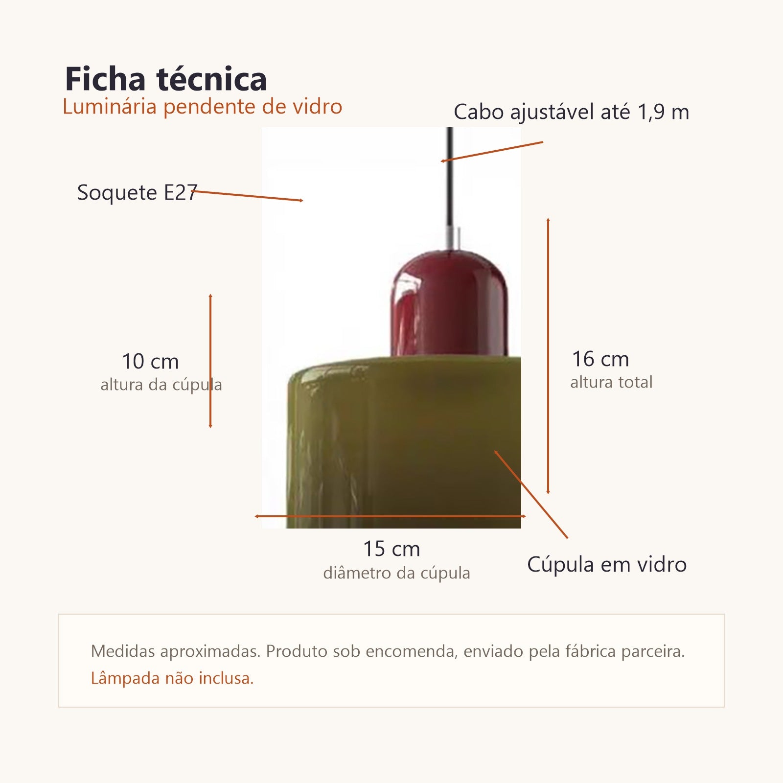 Ficha técnica da luminária pendente de vidro Zenlart