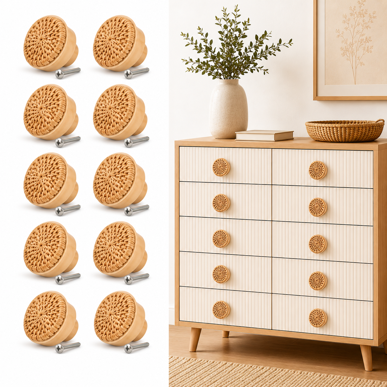 Kit com 10 puxadores de madeira e rattan com parafusos