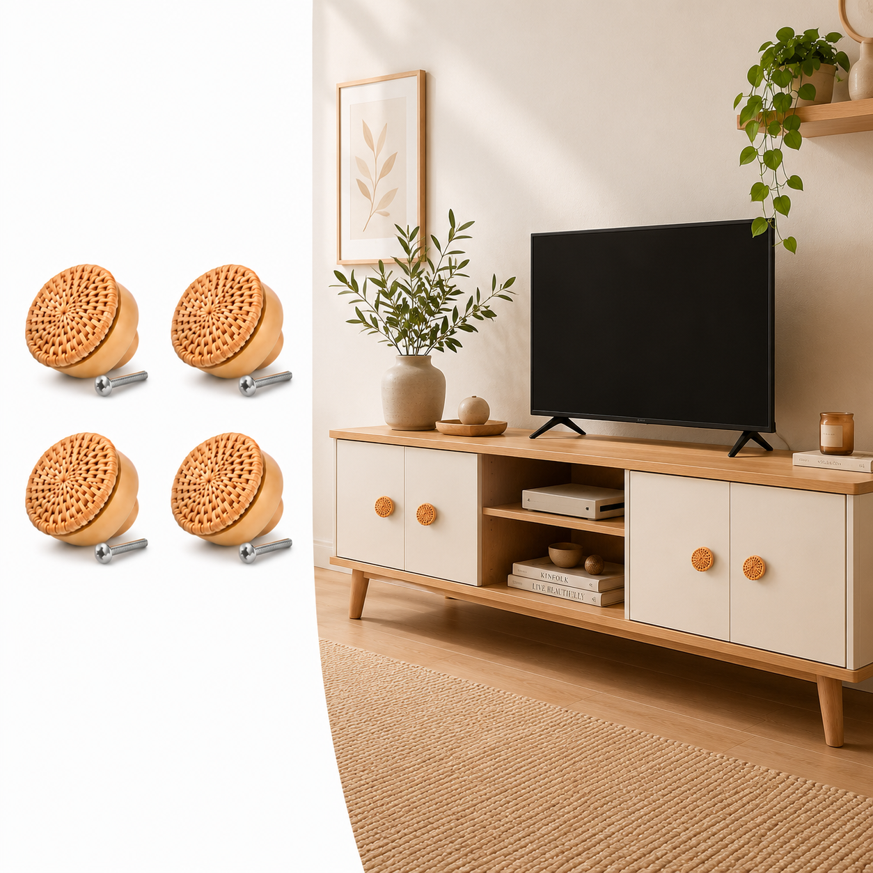 Kit com 4 puxadores de madeira e rattan com parafusos