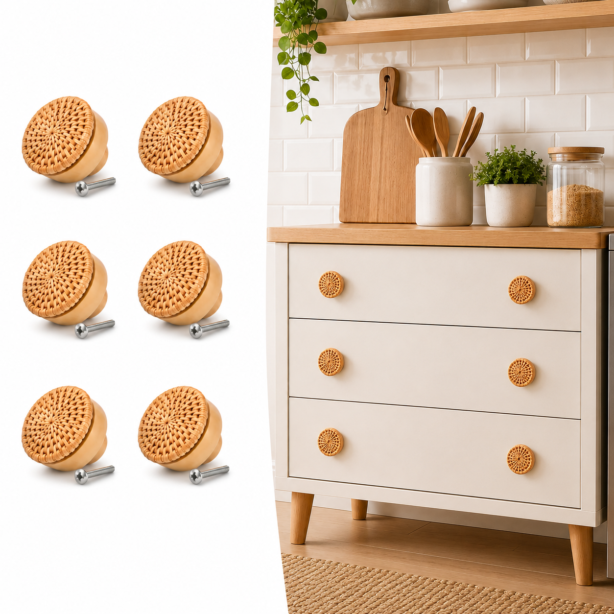 Kit com 6 puxadores de madeira e rattan com parafusos