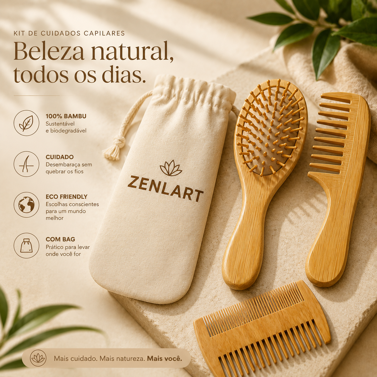 Kit escova e pentes de madeira com bag Zenlart - beleza natural todos os dias