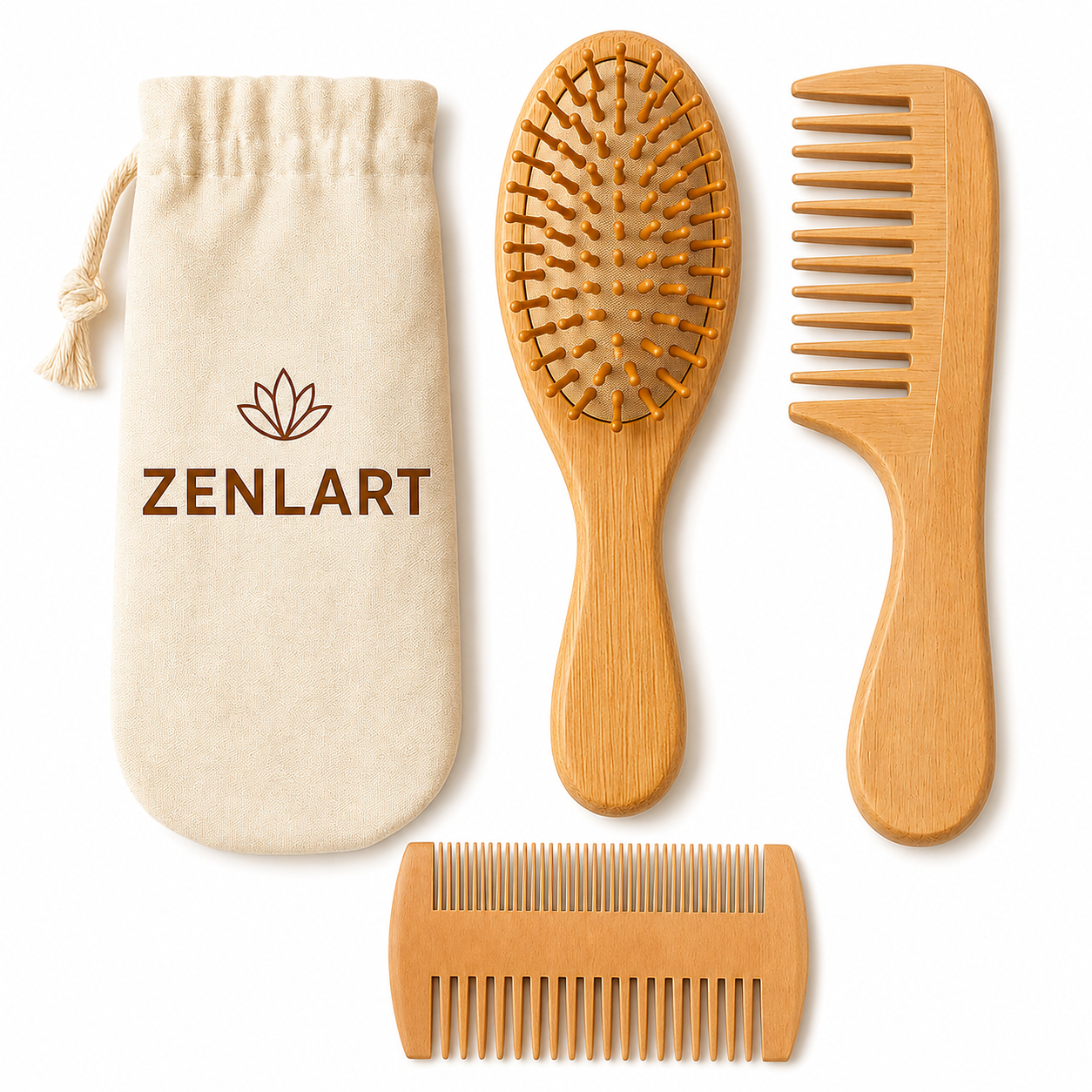 Kit escova e pentes de madeira com bag Zenlart