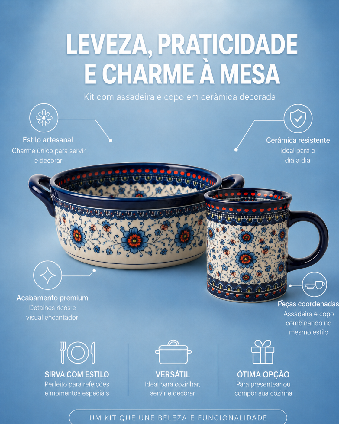 Kit assadeira de ceramica e caneca floral azul Zenlart