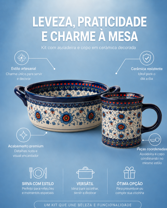 Kit assadeira de ceramica e caneca floral azul Zenlart