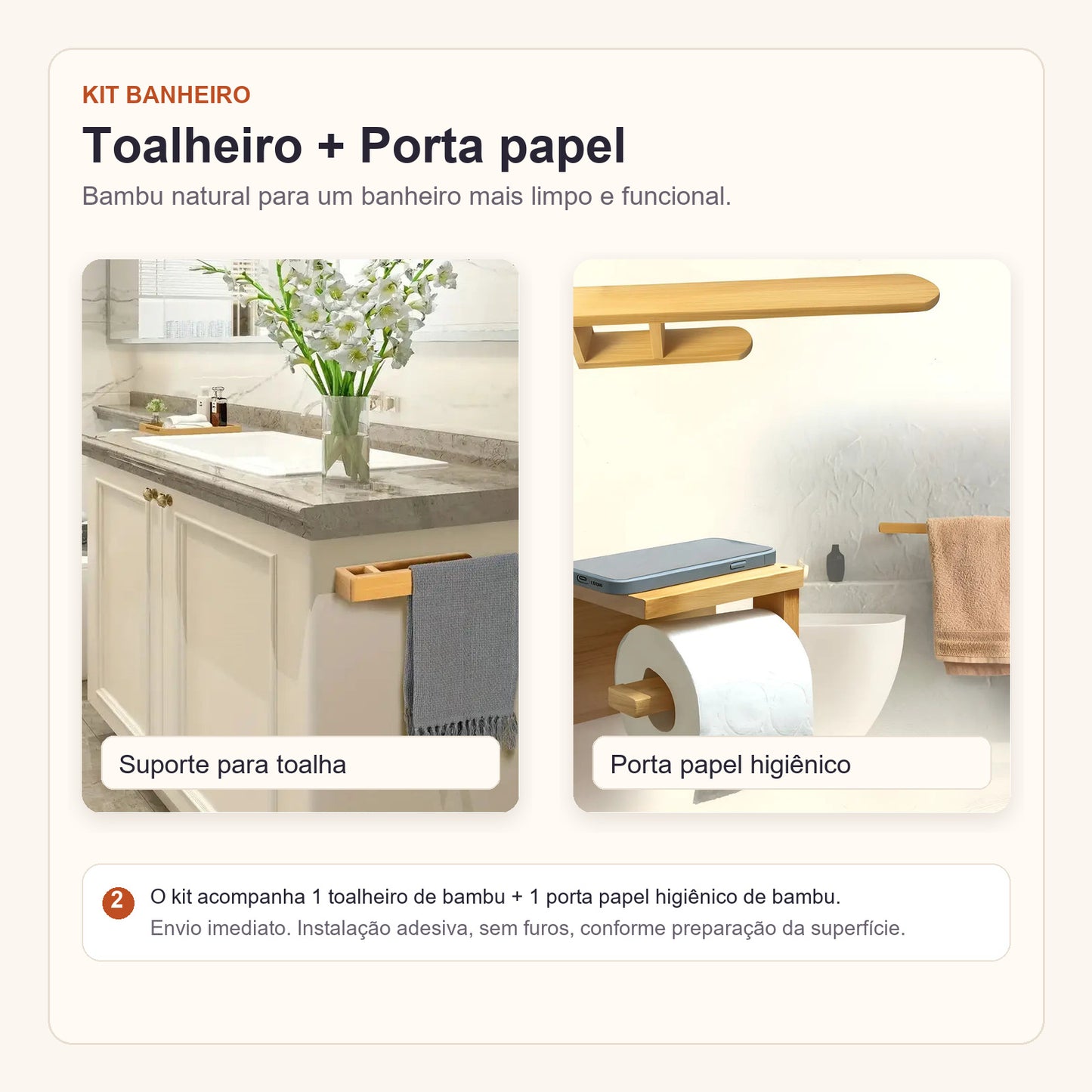 Kit com suporte de bambu para toalha e porta papel higiÃªnico Zenlart