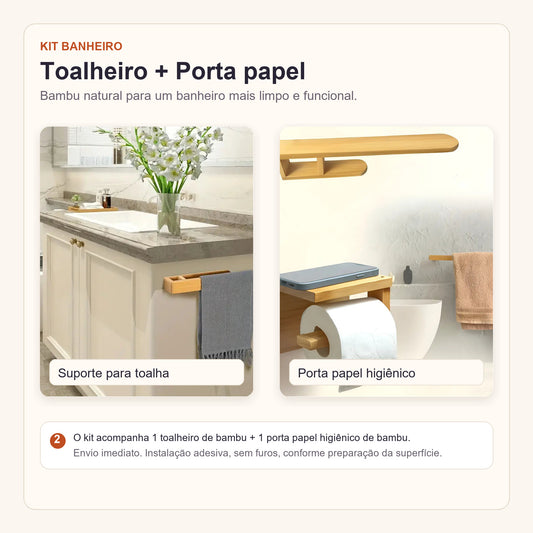 Kit com suporte de bambu para toalha e porta papel higiÃªnico Zenlart
