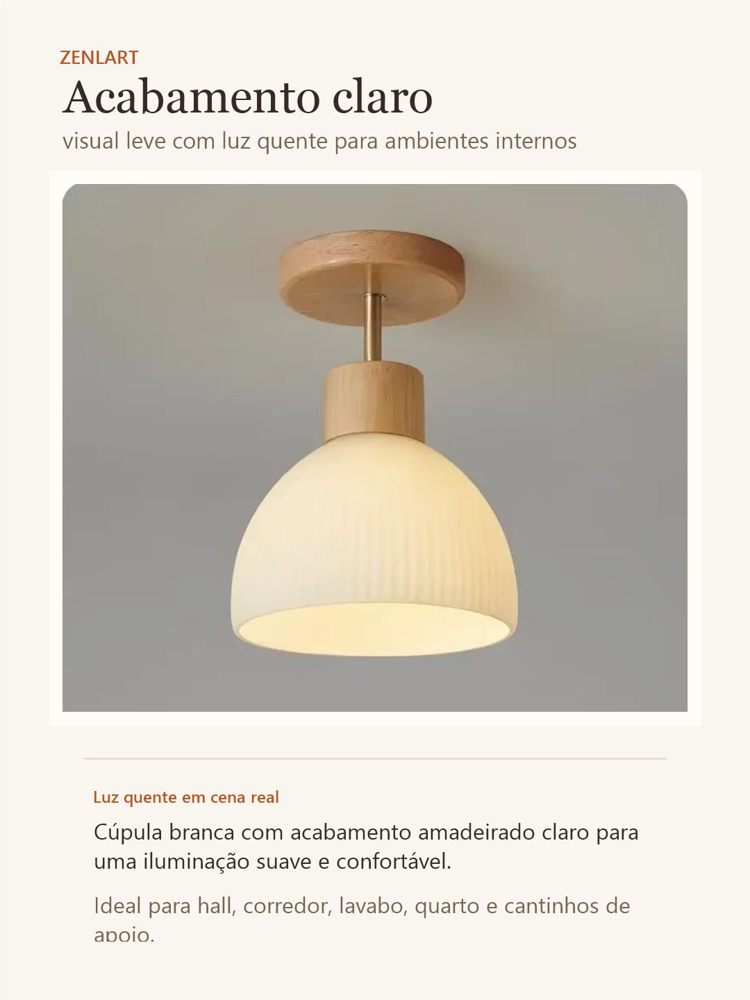 Luminária Japandi Zenlart acabamento claro com luz quente em português