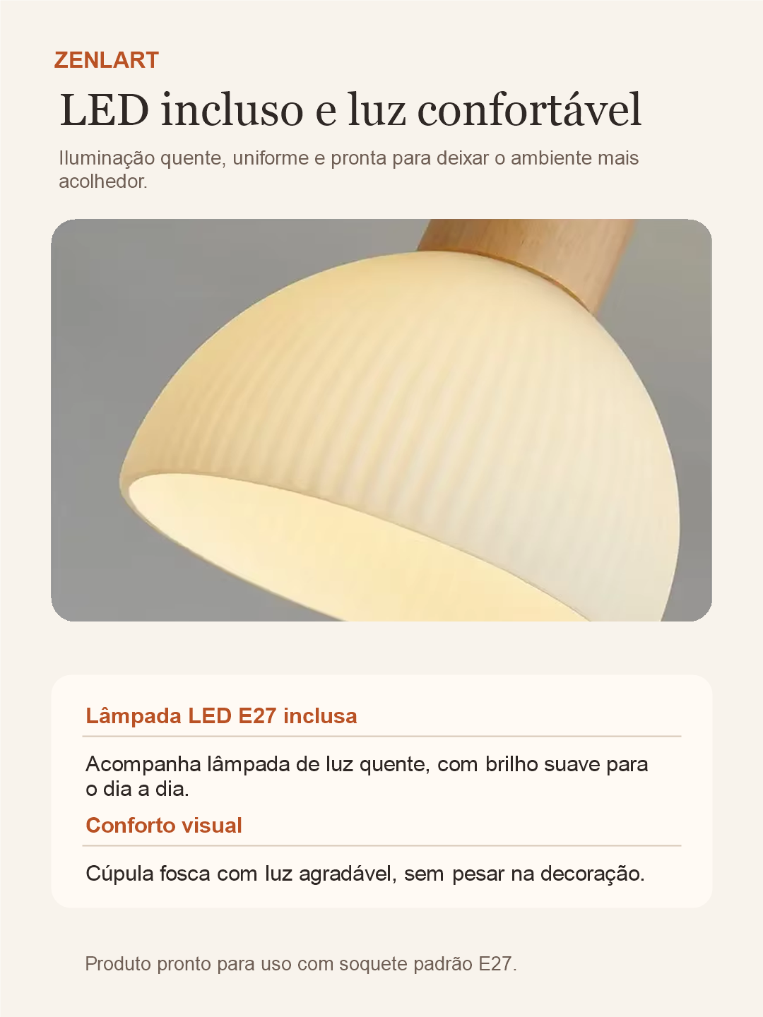 Luminaria Japandi Zenlart com LED E27 incluso e luz quente confortavel