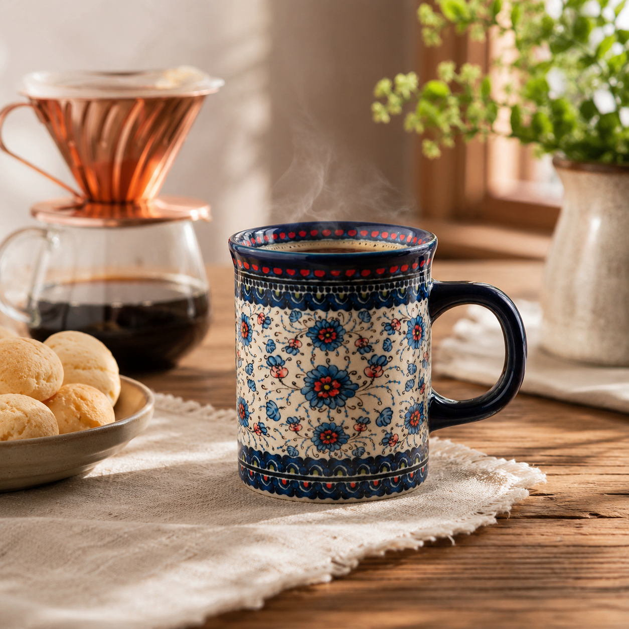 Caneca de ceramica floral azul Zenlart em mesa de cafe