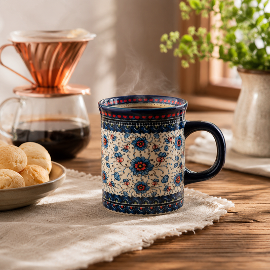Caneca de ceramica floral azul Zenlart em mesa de cafe
