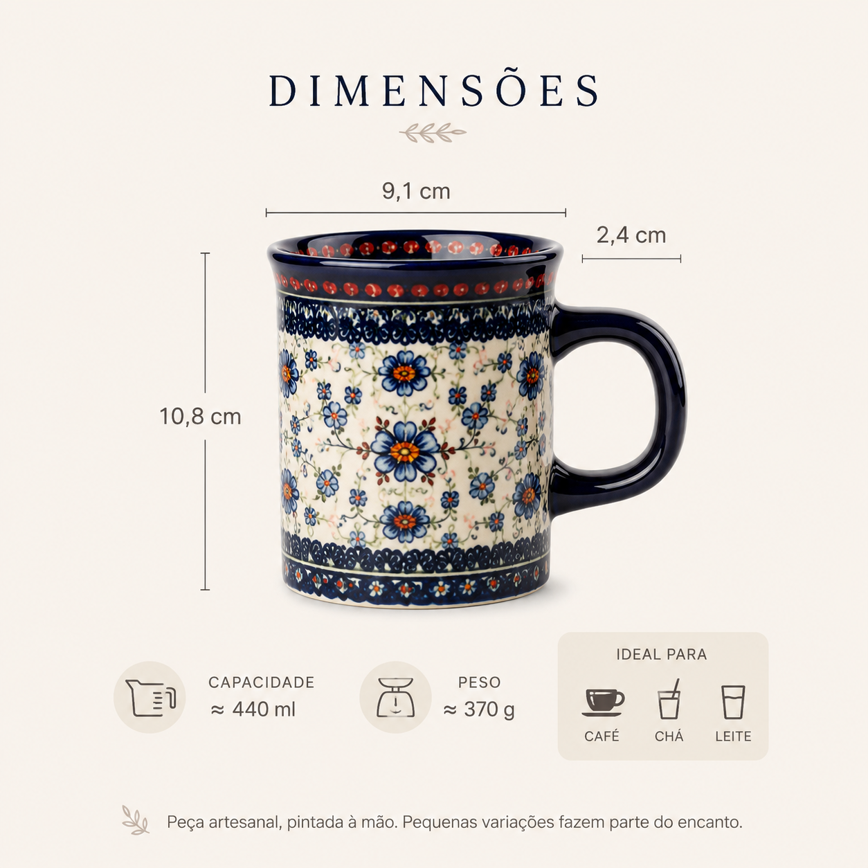 Dimensoes da caneca floral azul Zenlart
