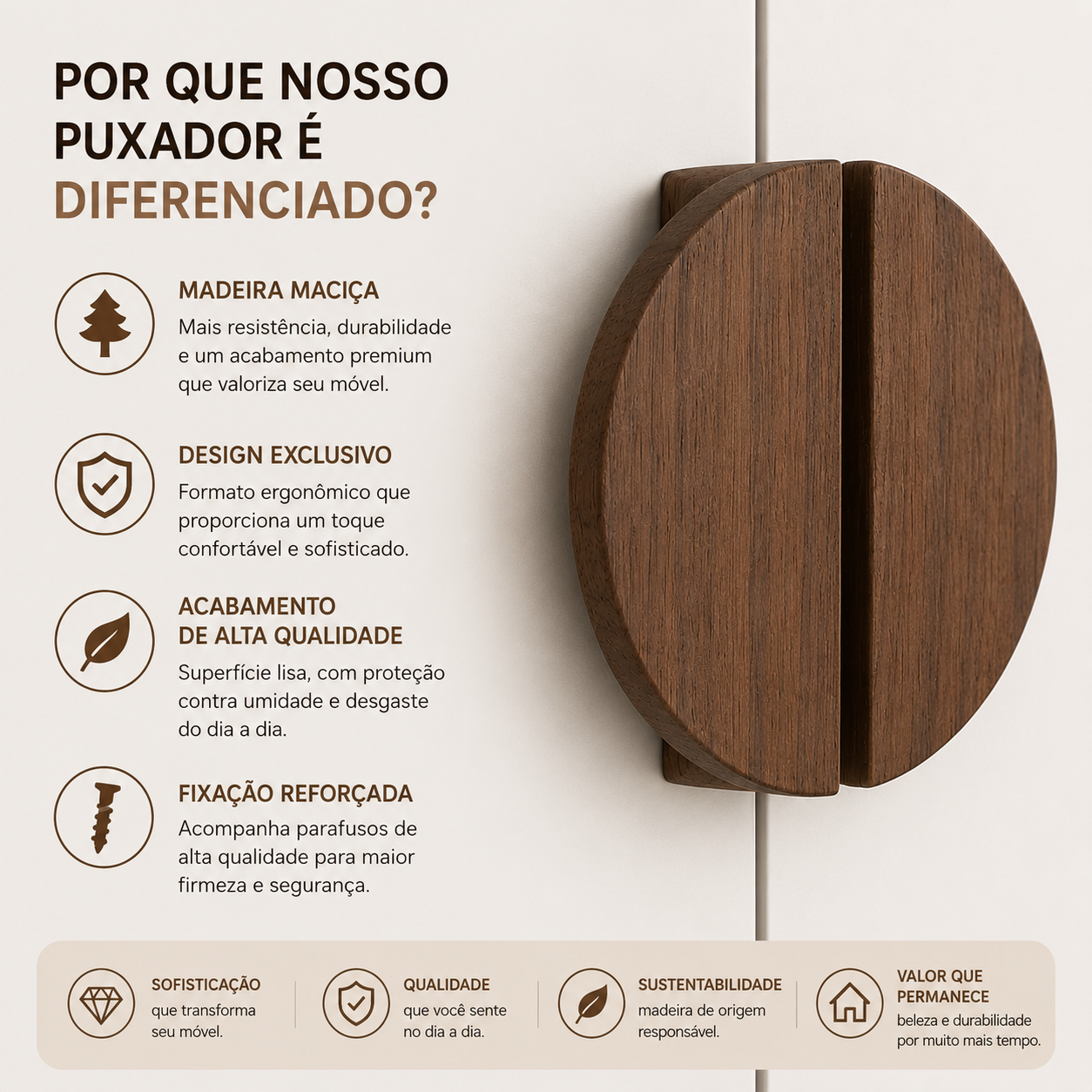 Beneficios do puxador Meia Lua Dark em madeira macica