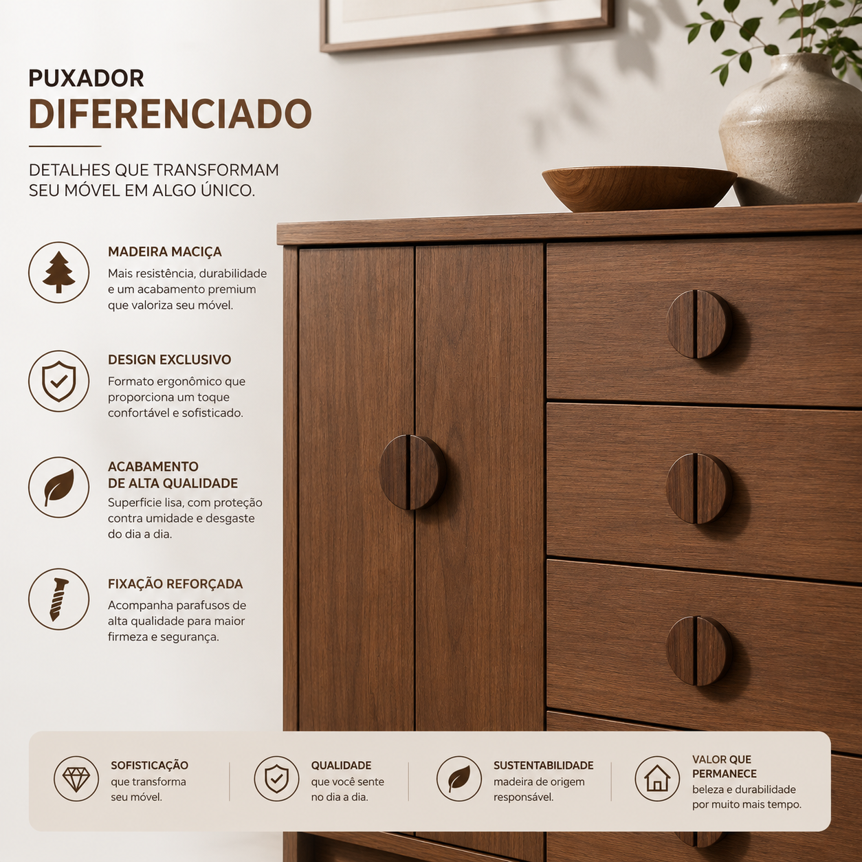 Diferenciais do puxador Meia Lua Dark instalado em movel de madeira
