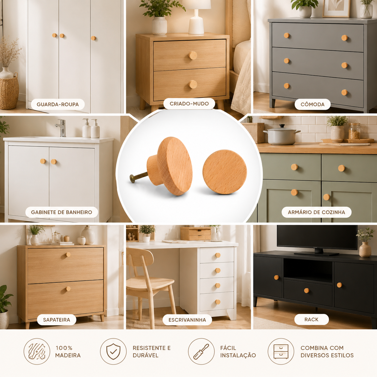 Aplicações do puxador Nature em guarda-roupa, cômoda, gabinete e armário
