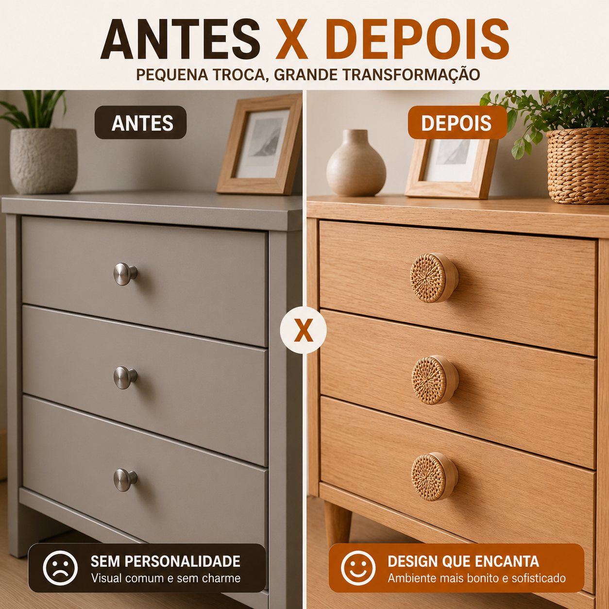 Antes e depois de movel renovado com puxadores de madeira e rattan