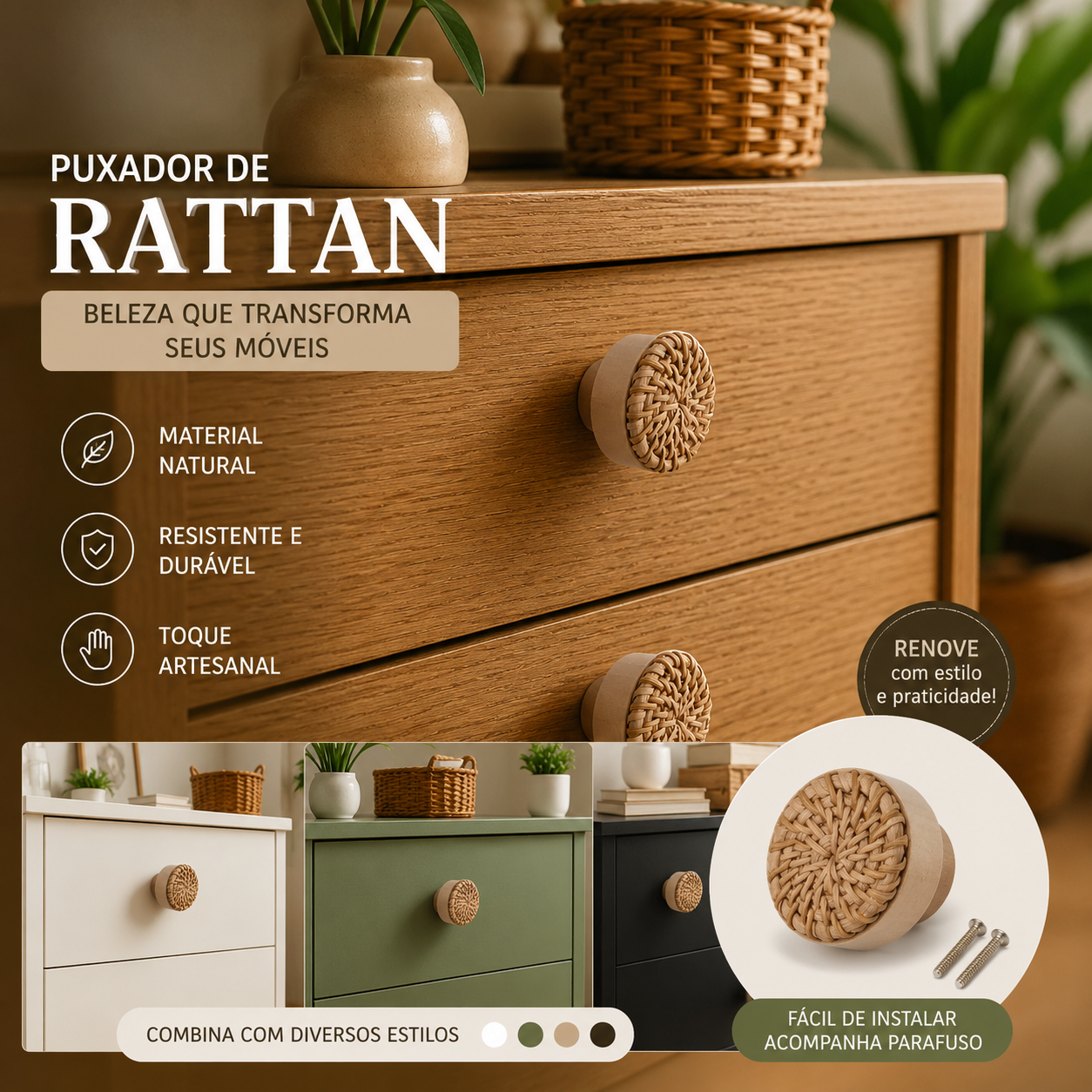 Beneficios do puxador de rattan natural resistente e facil de instalar