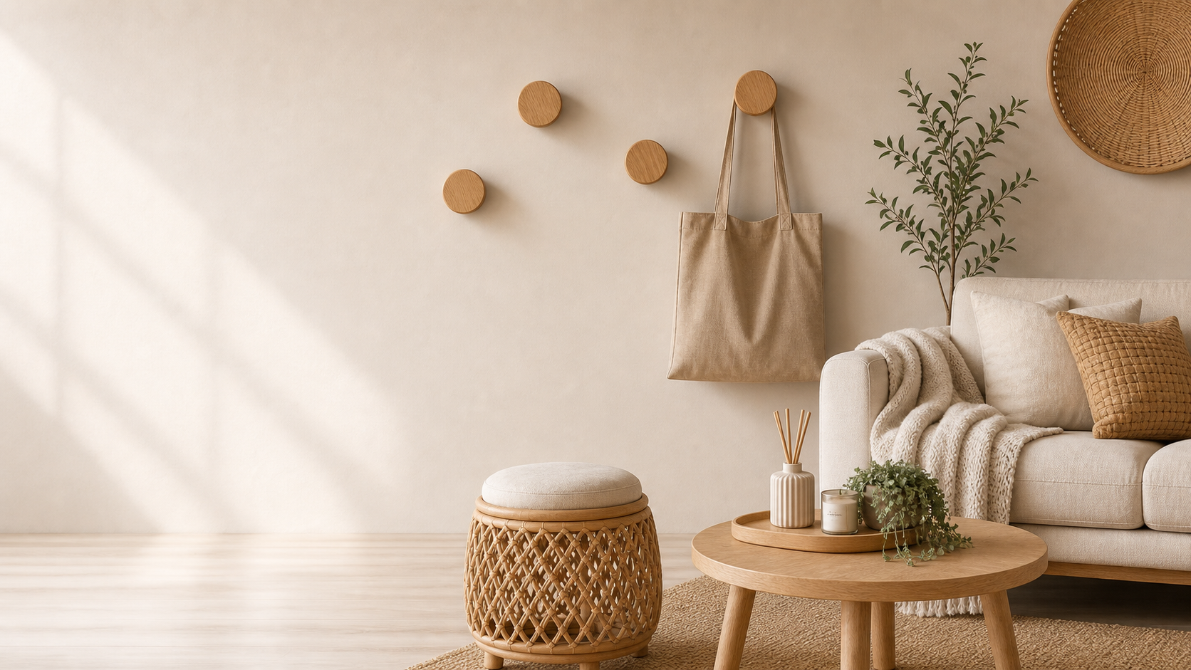 Ambiente Zenlart com cabideiros redondos de madeira e bolsa minimalista